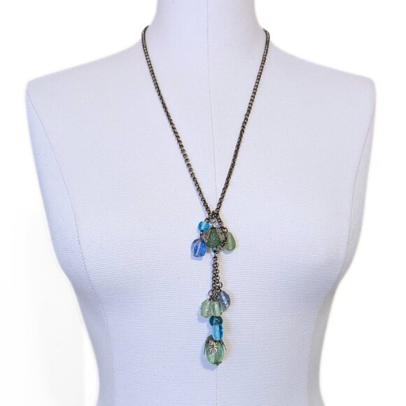 Long Y-Drop Beaded Necklace Statement Blue Green Glass Chain Retro Garden - Picture 1 of 7